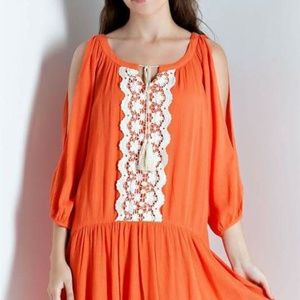 Orange and white lace boutique cold-shoulder dress